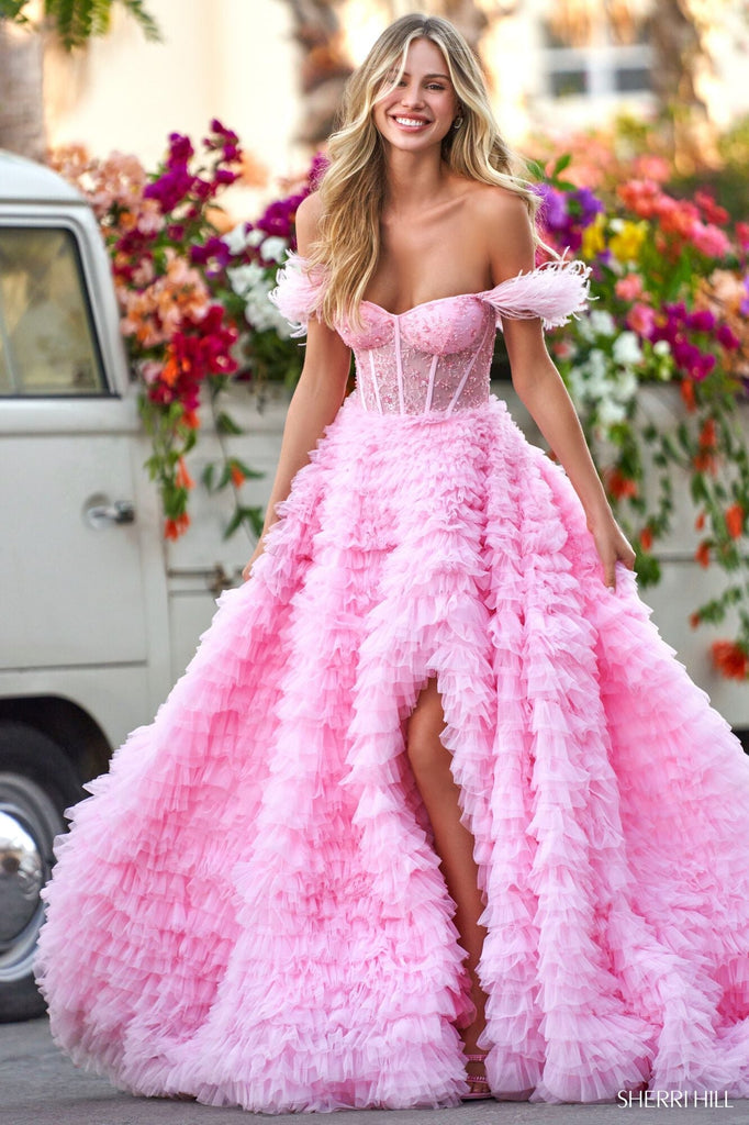 Beautiful girl in a big floor length pink ruffle gown