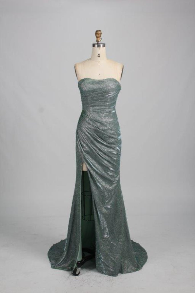Front of sage glitter Luna dress with pleated detailing on skirt and bodice. 