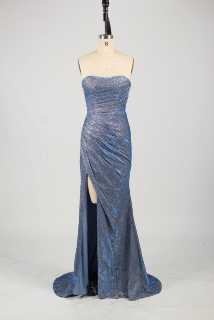 Front of strapless Luna dusty blue dress with pleated bodice and skirt. 