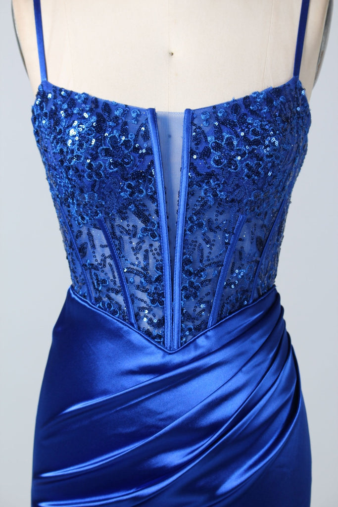 Close up of bodice on  royal blue corset freyer dress 