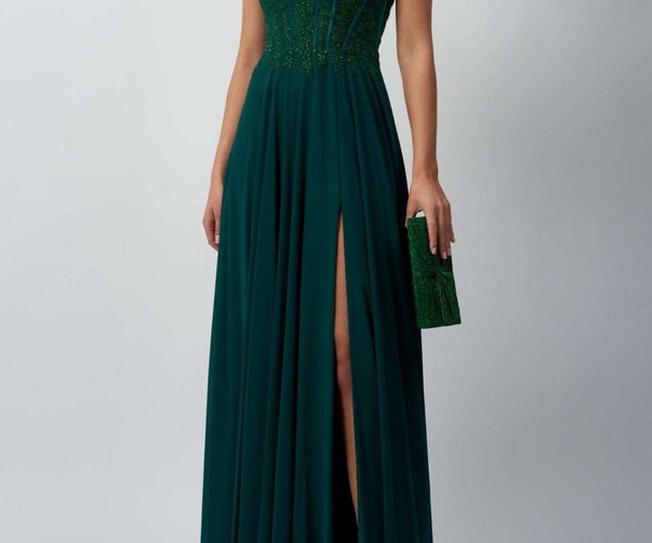 Forest Green Chiffon Gown - Luxury Corset Tie Back | Mascara London