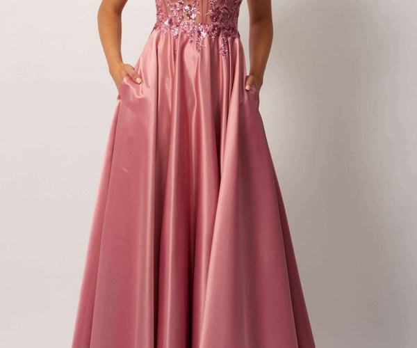 Satin Long Gown with Ruffled Sash Detail Cinnamon Rose main image 1
