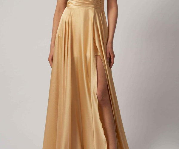 Mascara London Gold Satin Dress - V-Neck A-Line