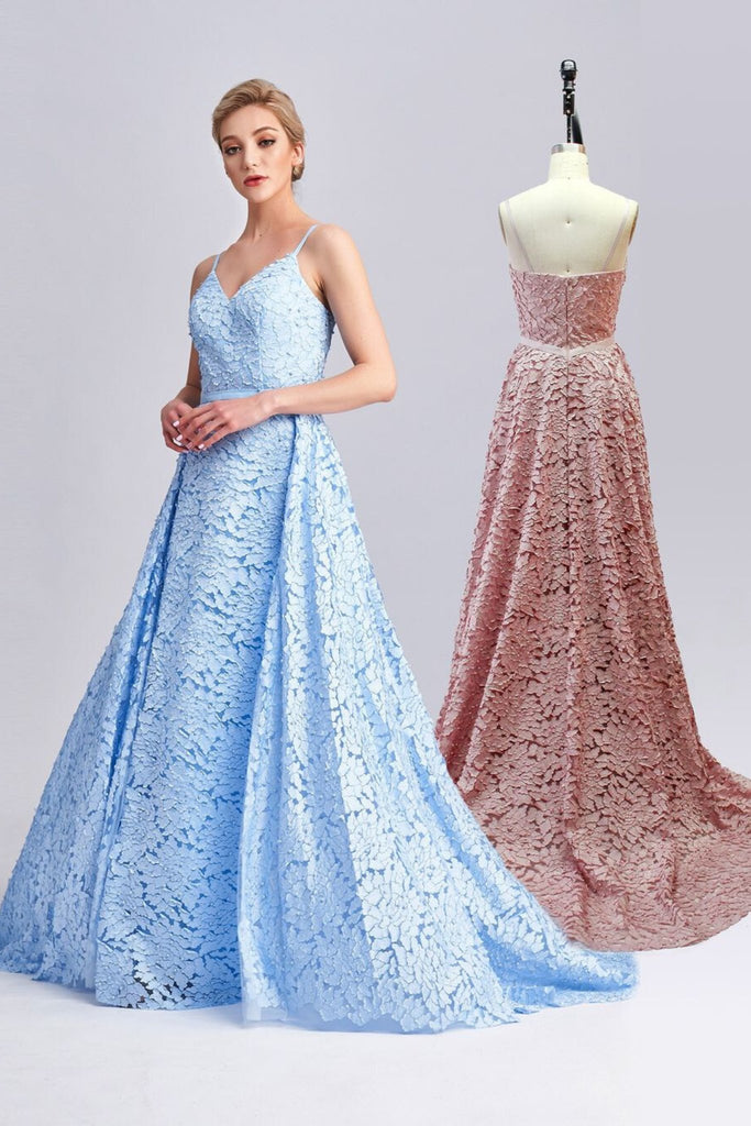 Front and back images of Sky Blue embroidered Lily dress which is detailed with pearls and a waist drop train. 
