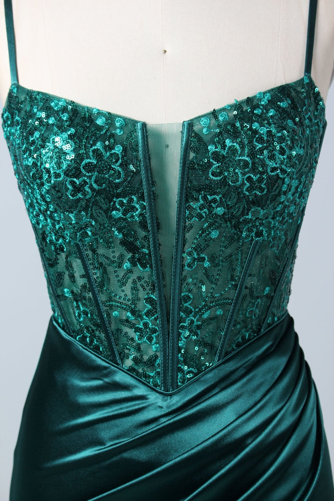 Close up of bodice on green corset freyer dress