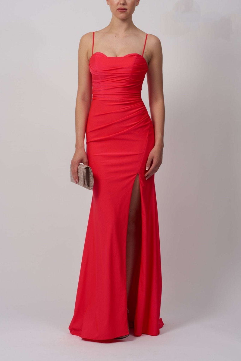 Flame Red Mascara MC18317 Pleated Satin Prom Dress Cargo Clothing