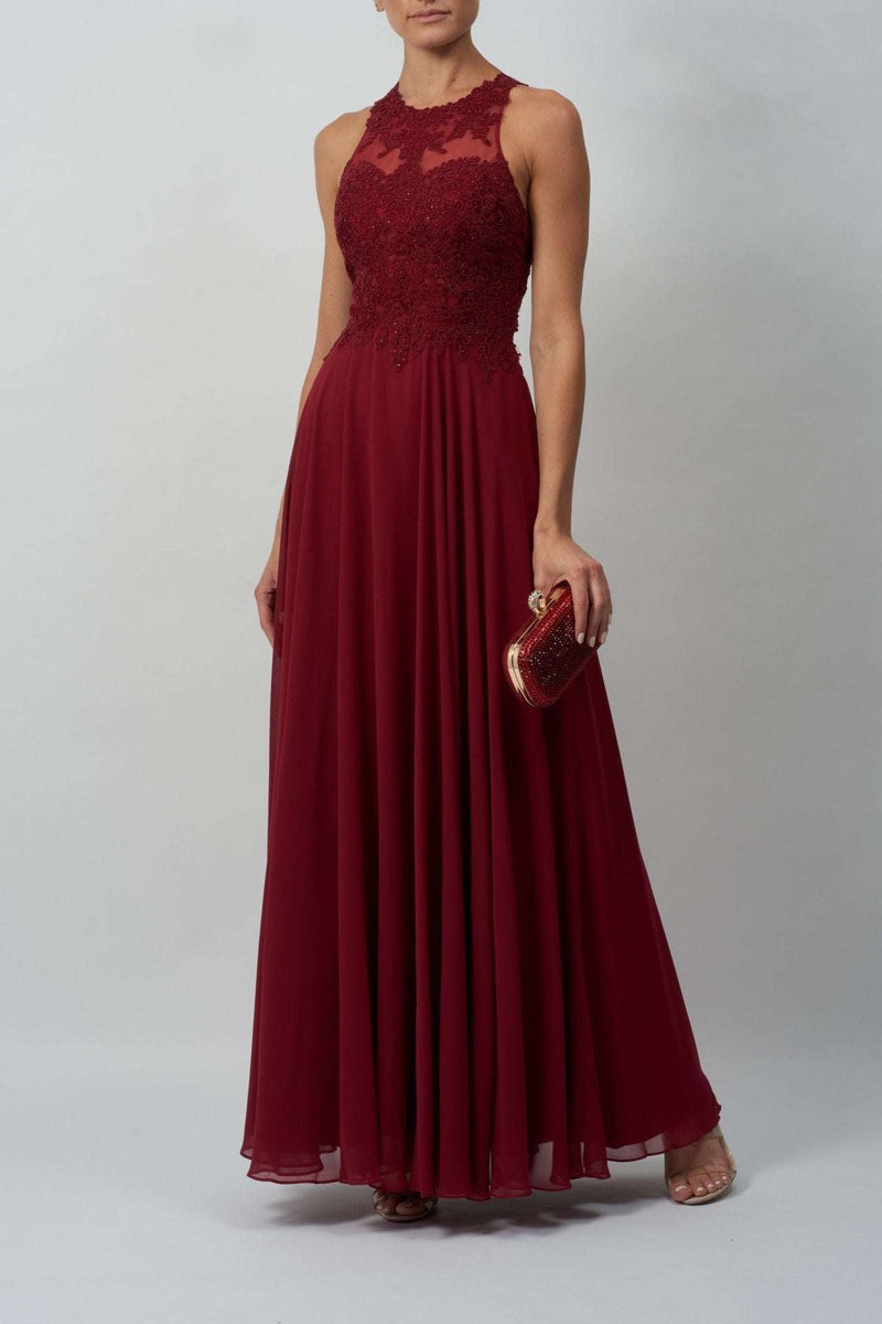 Mascara MC181437 lace embellished bodice chiffon prom dress ,wine red