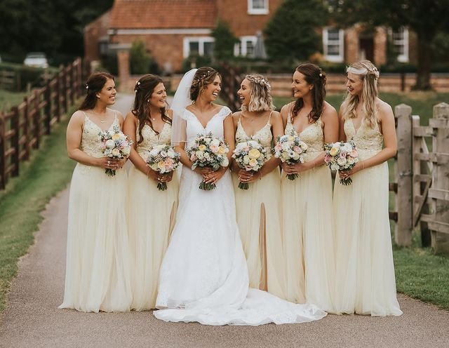 picture of 6 women, 1 in a bridal dress and 5 in bridesmaids