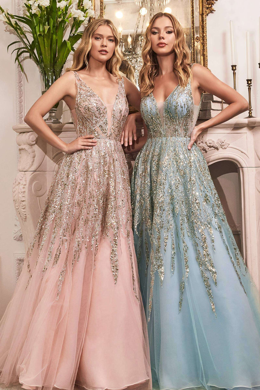Ladivine Ombre Shimmer Ball Gown C135 in blush and blue with glittering bead embellishments, plunging neckline, and layered tulle skirt. Perfect for prom, gala, or red carpet events.