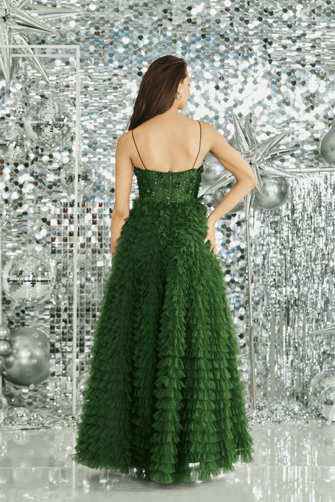 Full back view of green Prom Merida Ballgown with cascading ruffle layers and fitted corset, perfect for prom or evening wear.