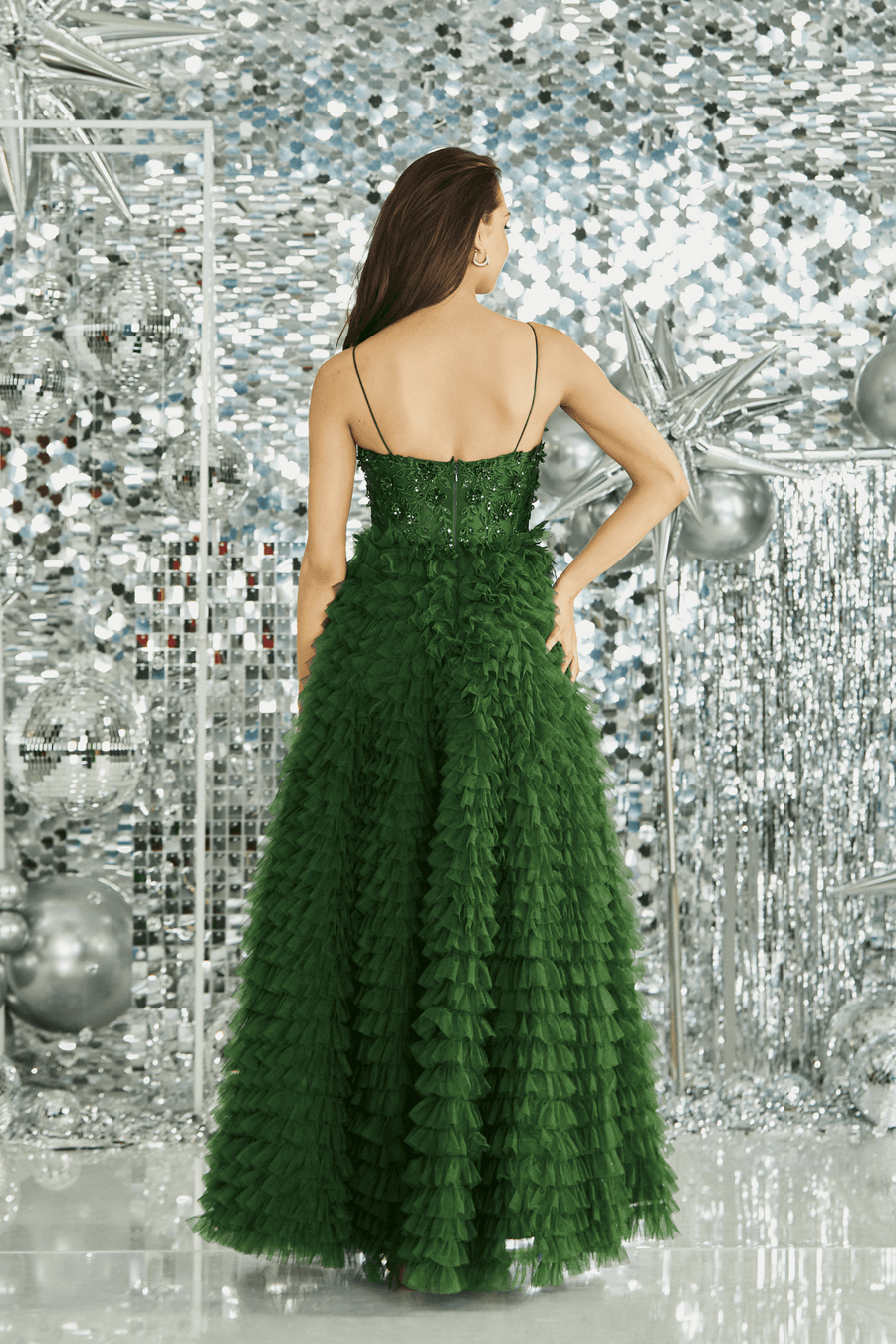 Full back view of green Prom Merida Ballgown with cascading ruffle layers and fitted corset, perfect for prom or evening wear.