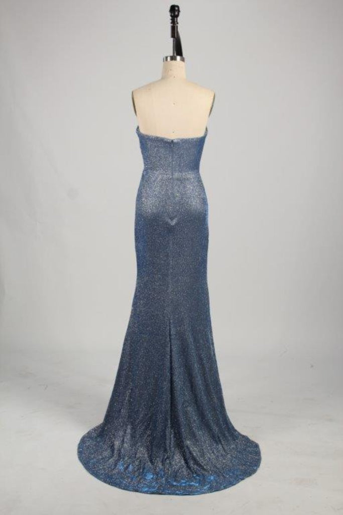 Back of Luna dusty blue strapless dress, with train