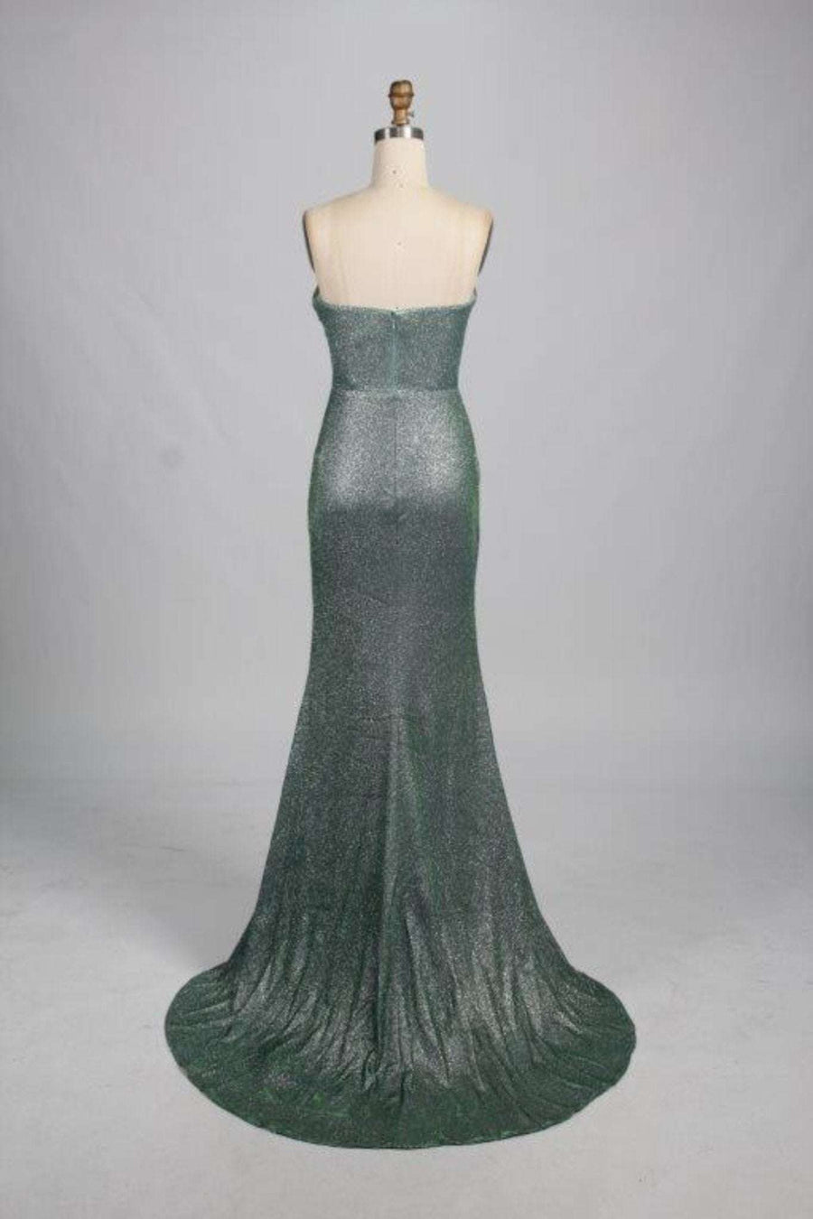 Back of sage Luna dress with train