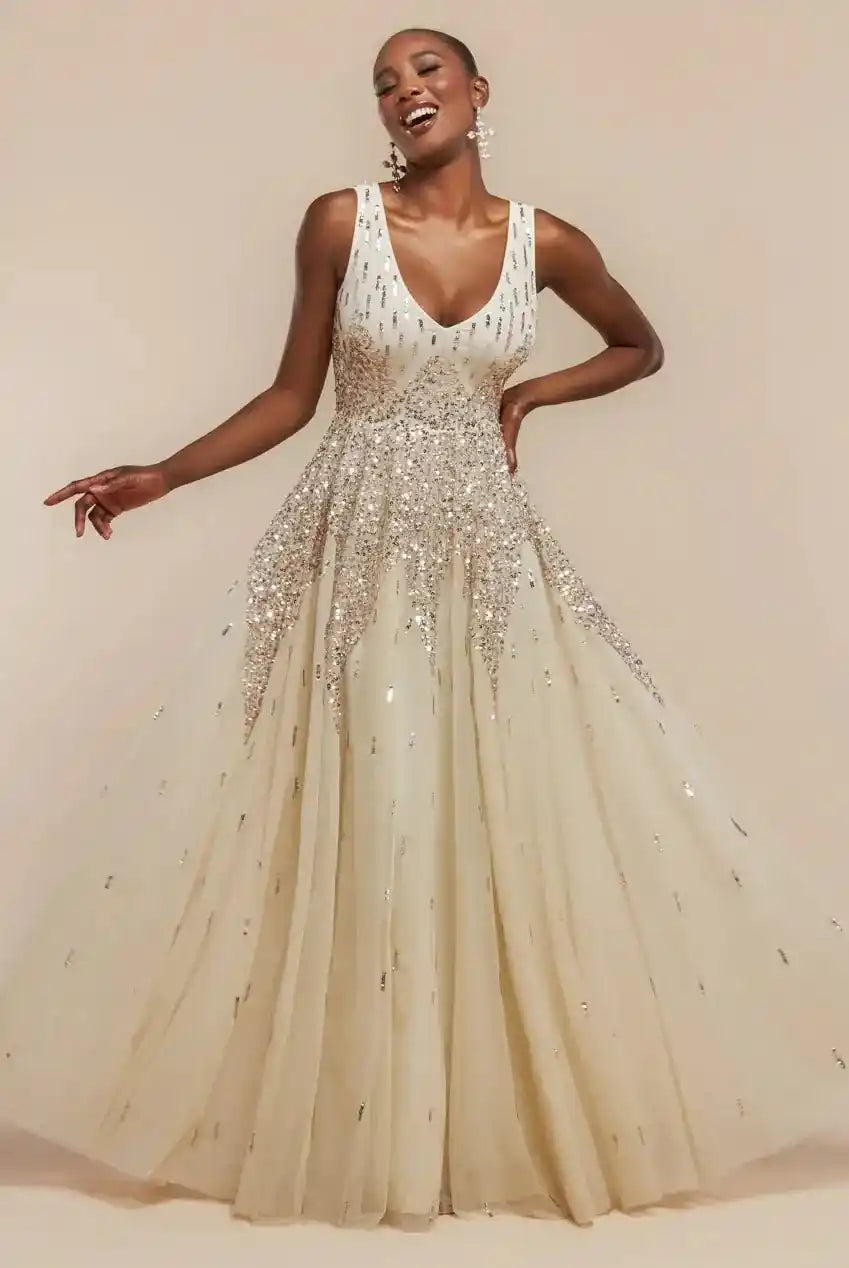 Goddiva Sunray Hand Embellished Sequin A-Line Sleeveless Maxi Dress