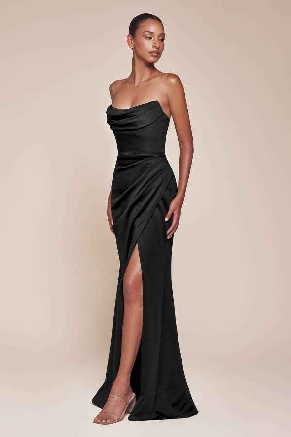 Ladivine CD366 Strapless Jersey Gown in black showcasing a sleek silhouette with a side slit, ideal for black tie galas and formal events.
