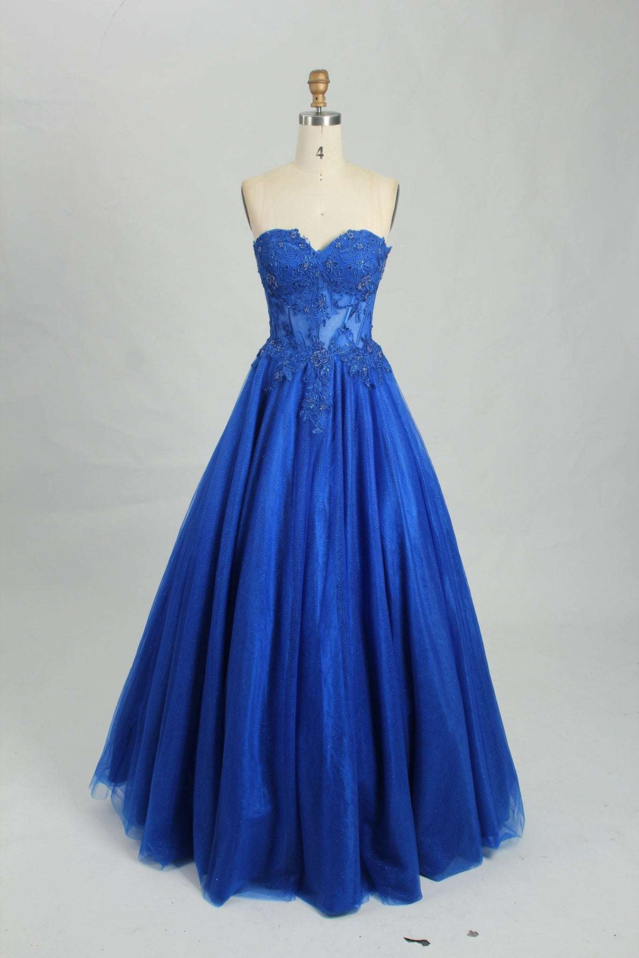 Leah Corset Ballgown - Royal Blue Sweetheart features a strapless beaded corset bodice and full glittering tulle skirt. Ideal for prom or evening events.