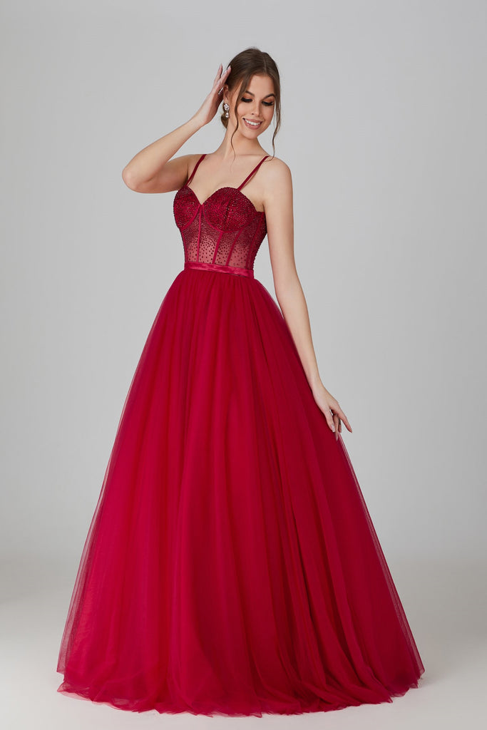 Demi - Red Jewelled Corset Lace-up Ballgown