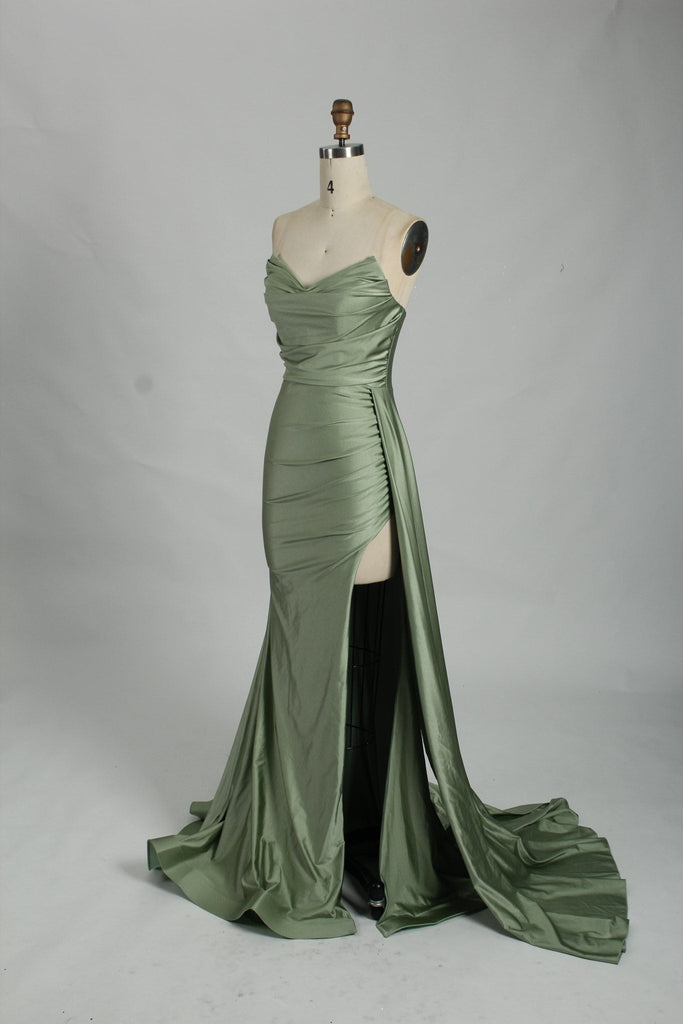 sage green satin strapless corset dress