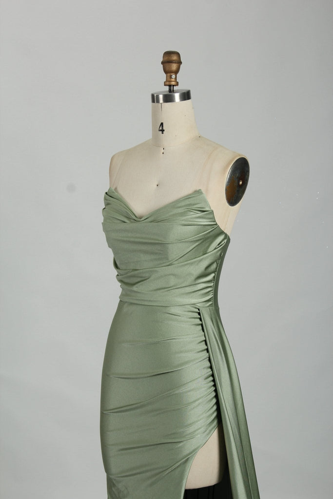 close up of sage green strapless corset dress