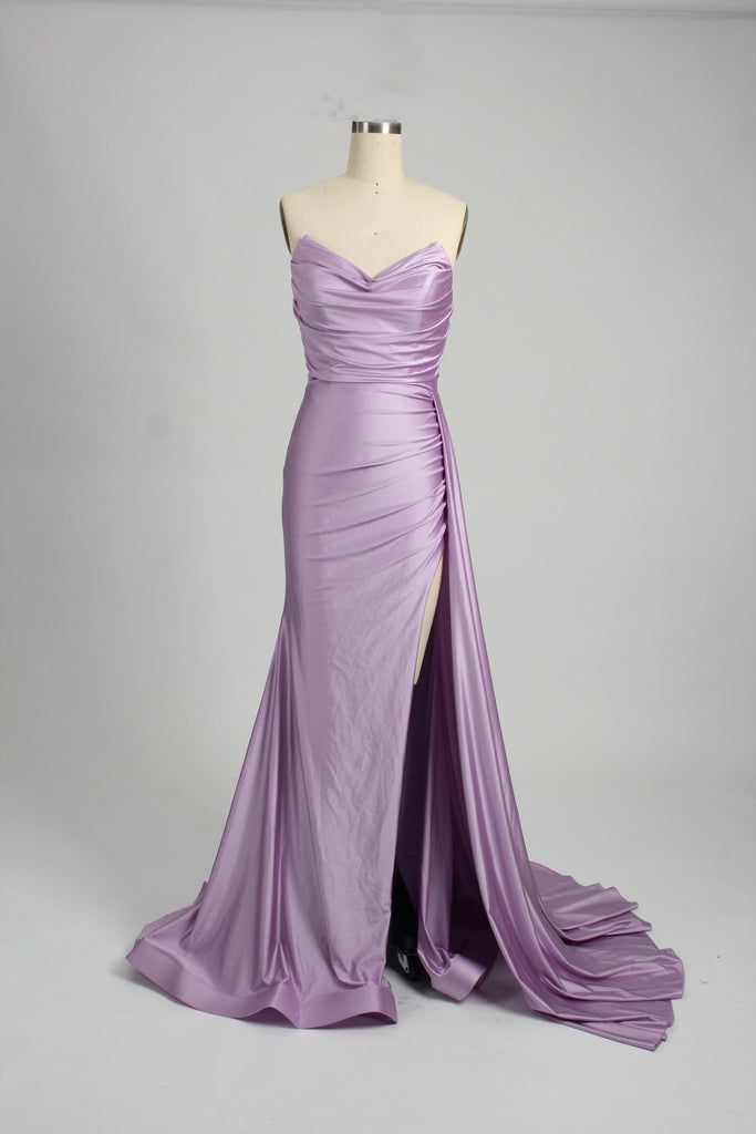 front view of strapless satin prom dress