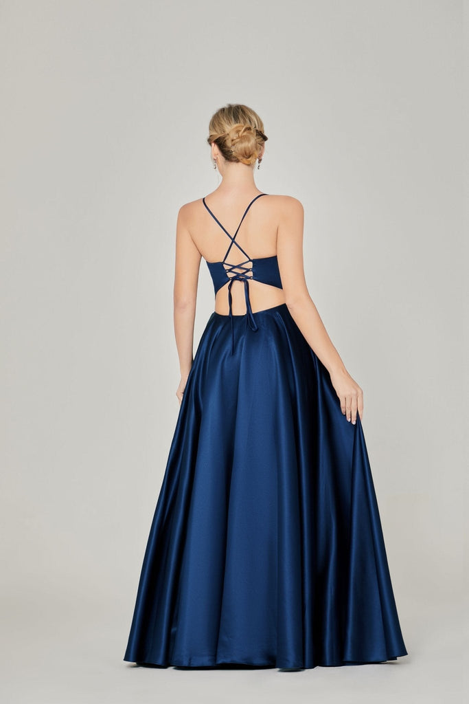 Back of navy satin dress with tie back detailing