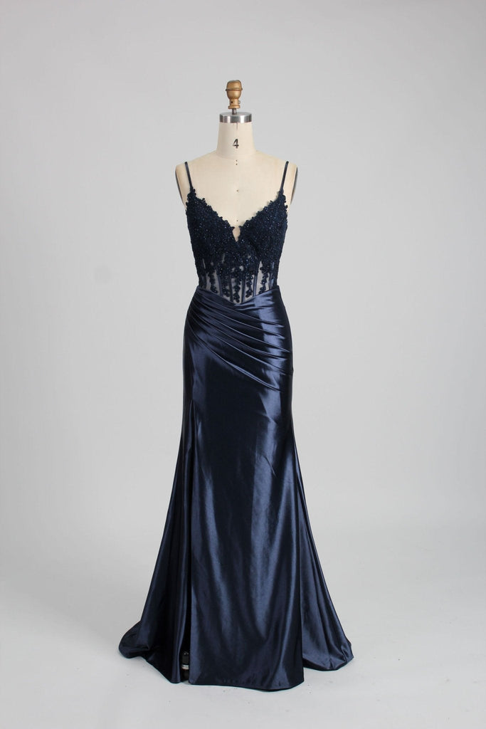 Navy Corset Satin Dress with embroidered bodice and pleats, front