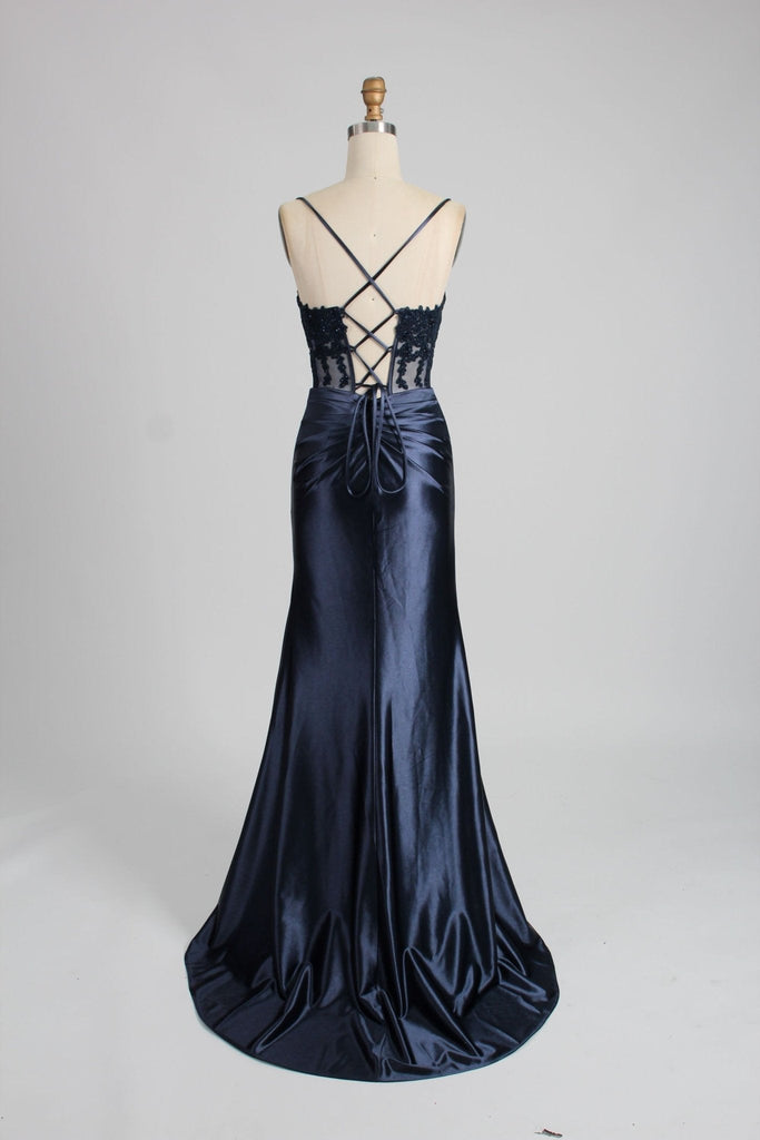 Back of Navy Satin dress with a tie back detail 