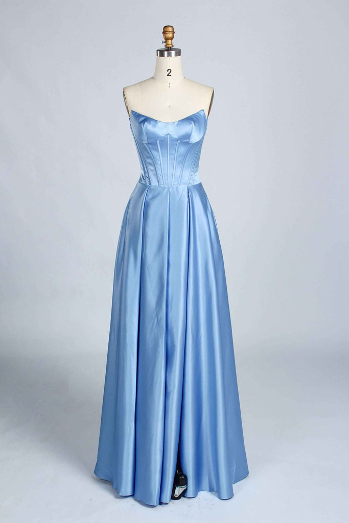 Front view of dusty blue Jessica Stuart Darcet Prom Gown with structured strapless bodice and flowing satin skirt.