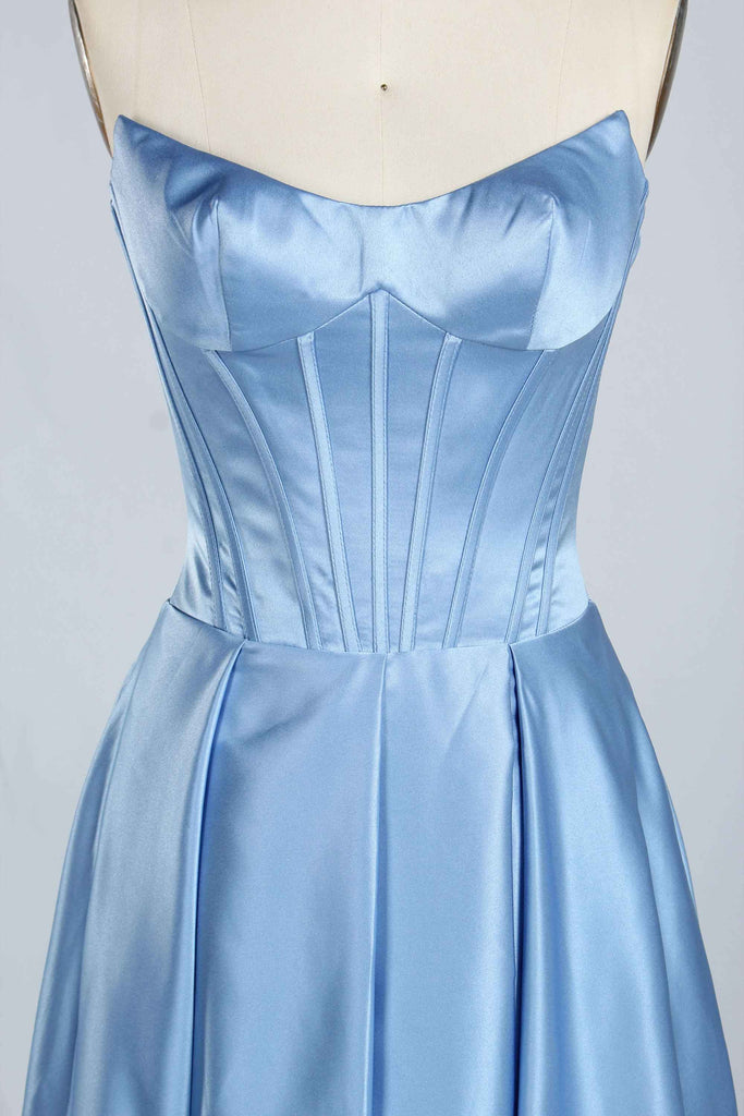 Close-up of dusty blue Jessica Stuart Darcet Prom Gown bodice featuring boning and sweetheart neckline for a sculpted silhouette.