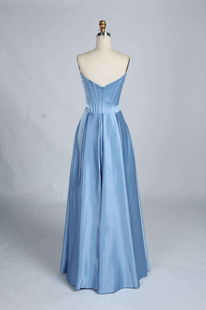 Back view of Jessica Stuart Darcet Prom Gown in dusty blue satin with pleated skirt and strapless corset bodice.