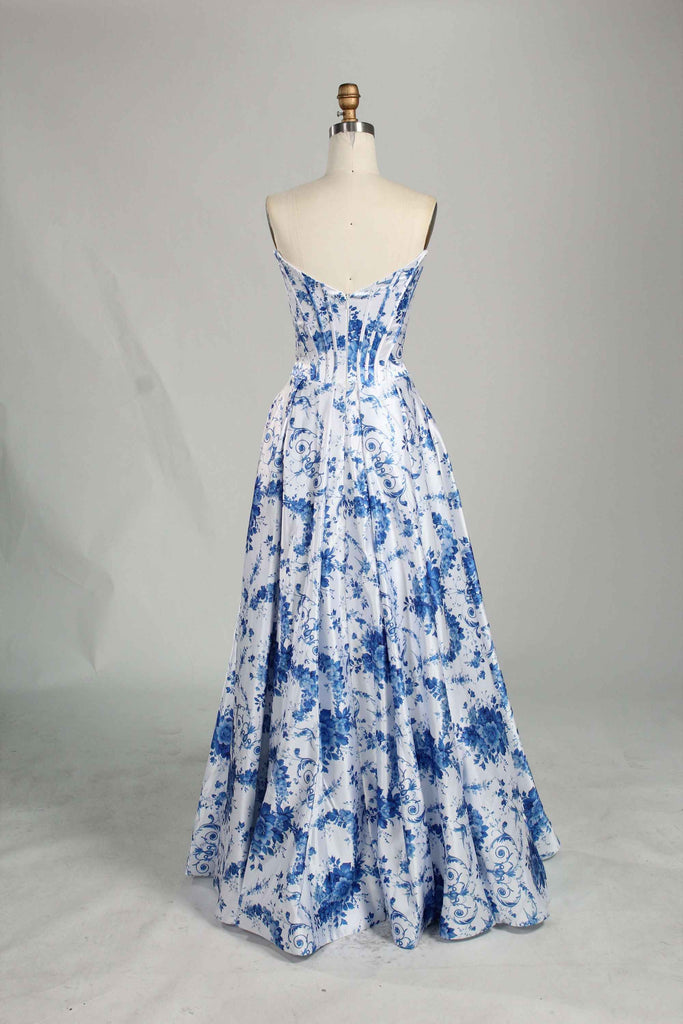 Back view of Jessica Stuart Darcet Floral Prom Gown showcasing flowing chiffon skirt and structured strapless corset design.