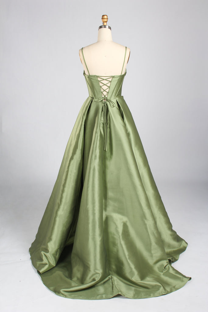 Back view of Jessica Stuart Sage Satin Strapless Phoebe Prom Gown 33213B featuring lace-up corset closure and flowing satin train for prom or evening wear.