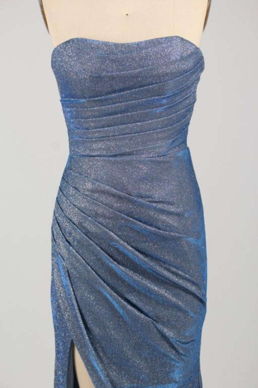 Close up of pleating details on bodice and skirt of Luna dusty blue dress