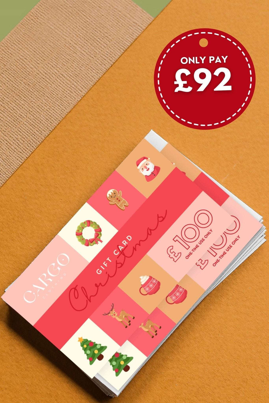 Cargo Clothing Gift Card with Christmas theme, £100 value for £92. Valid online & in-store through 2026, ideal festive gift option.