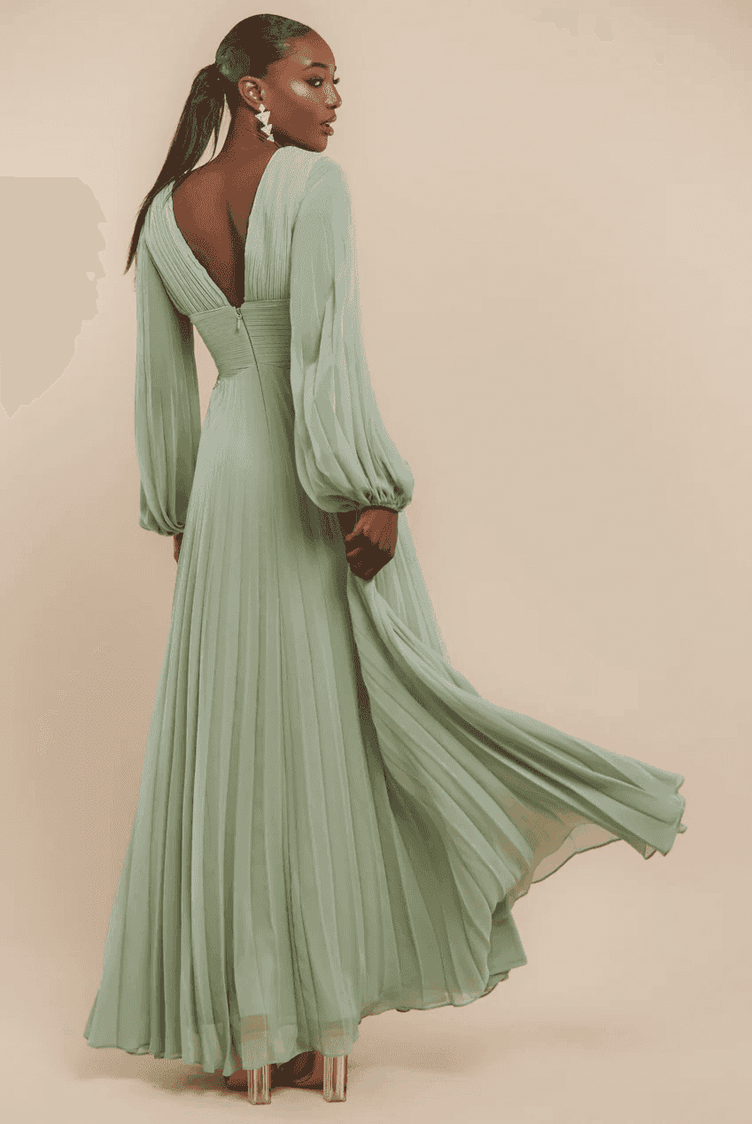 Goddiva Chiffon Maxi Dress in Sage for Bridesmaids & Evening Events, featuring pleated skirt and balloon sleeves in blush pink chiffon.
