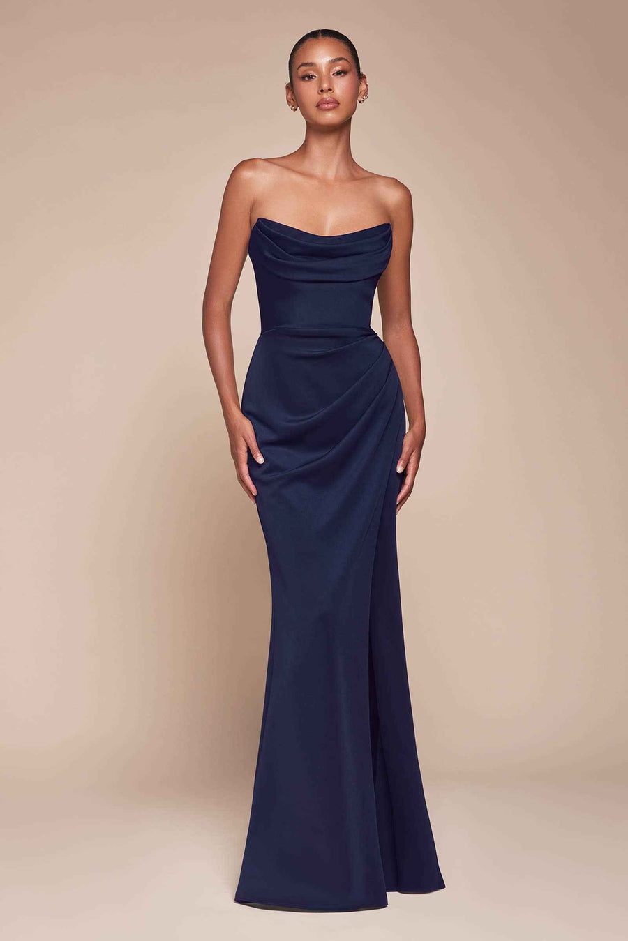 Ladivine CD366 Strapless Jersey Gown in navy with scoop neckline and gathered waist, ideal for bridesmaids and black tie events.