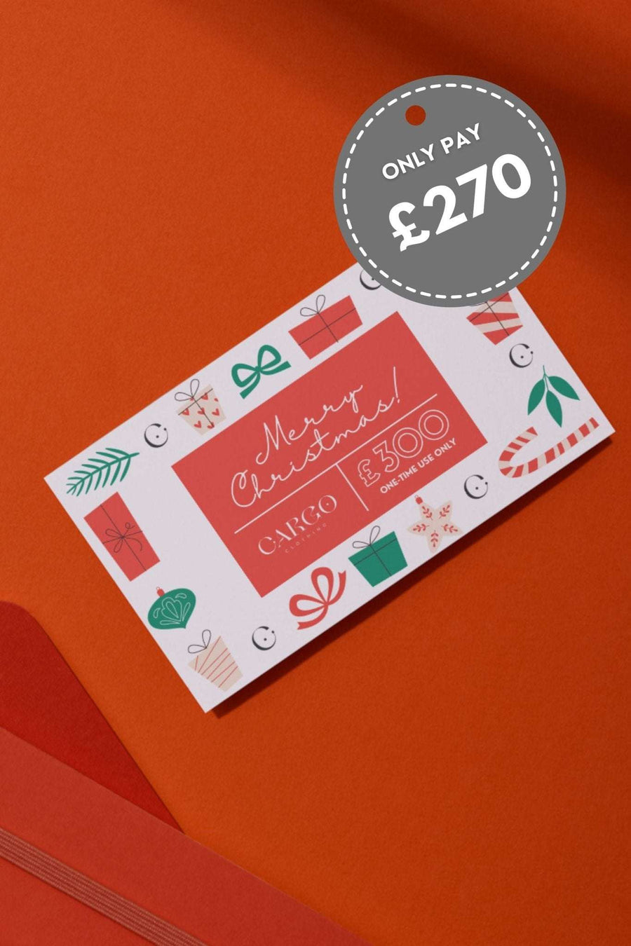 Cargo Clothing Gift Card with festive Christmas design, £300 value for only £270. Valid online and in-store through 2026, ideal holiday gift.