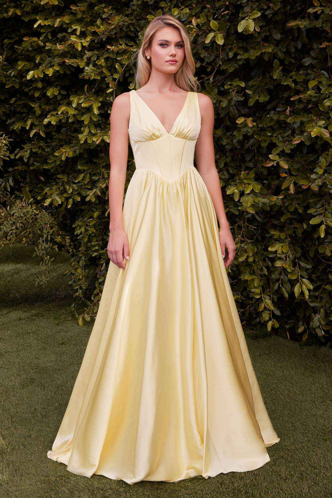 Pale yellow A-line satin gown with V-neckline and structured corset bodice, ideal for spring weddings or formal gatherings.