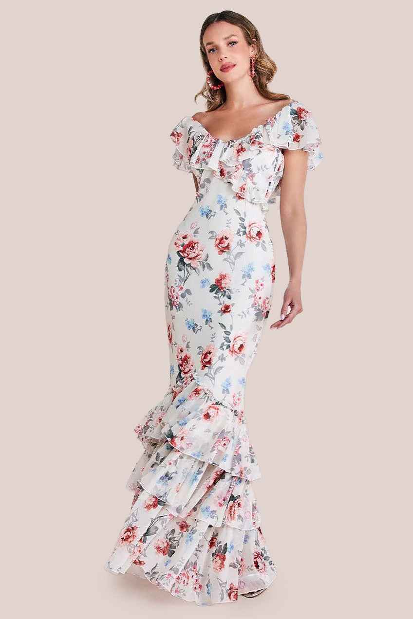 Goddiva Cream Floral Chiffon Dress Style DR3750 featuring ruffle sleeves and tiered maxi hem, ideal for weddings and summer parties.