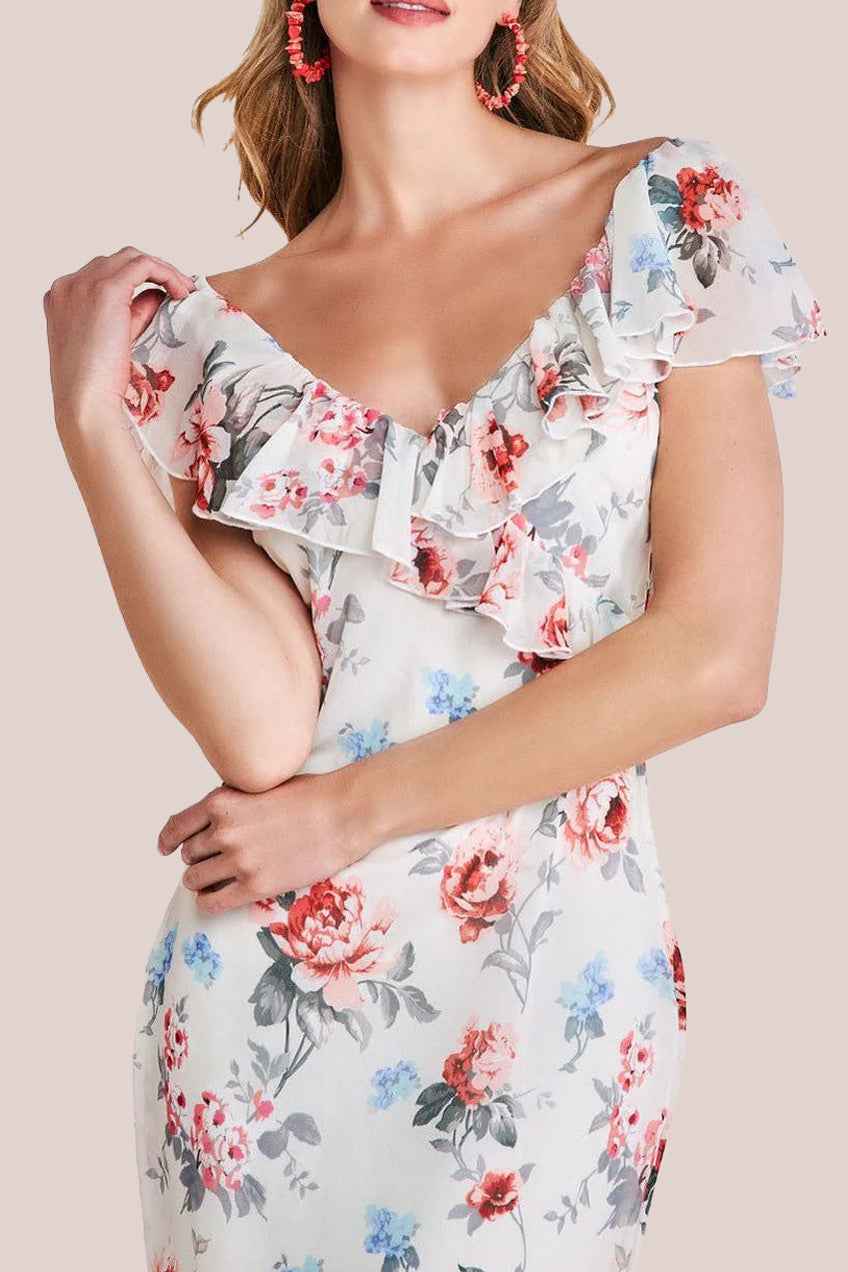 Goddiva Cream Floral Chiffon Dress with ruffle neckline and off-shoulder design, ideal for weddings and summer parties. Style DR3750 maxi dress.