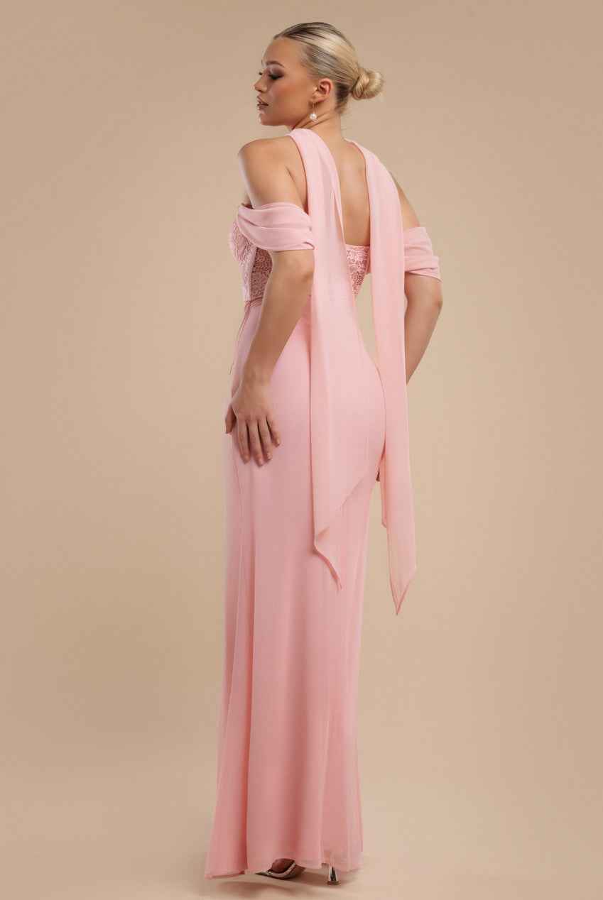 Back view of Goddiva Scalloped Lace Maxi Dress in blush pink with chiffon winged straps and corset bodice, ideal for bridesmaids or prom.