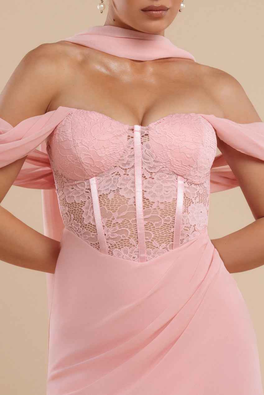 Goddiva Maxi Dress - Scalloped Lace | Corset, Chiffon, Split Goddiva Maxi Dress - Scalloped Lace | Corset, Chiffon, Split