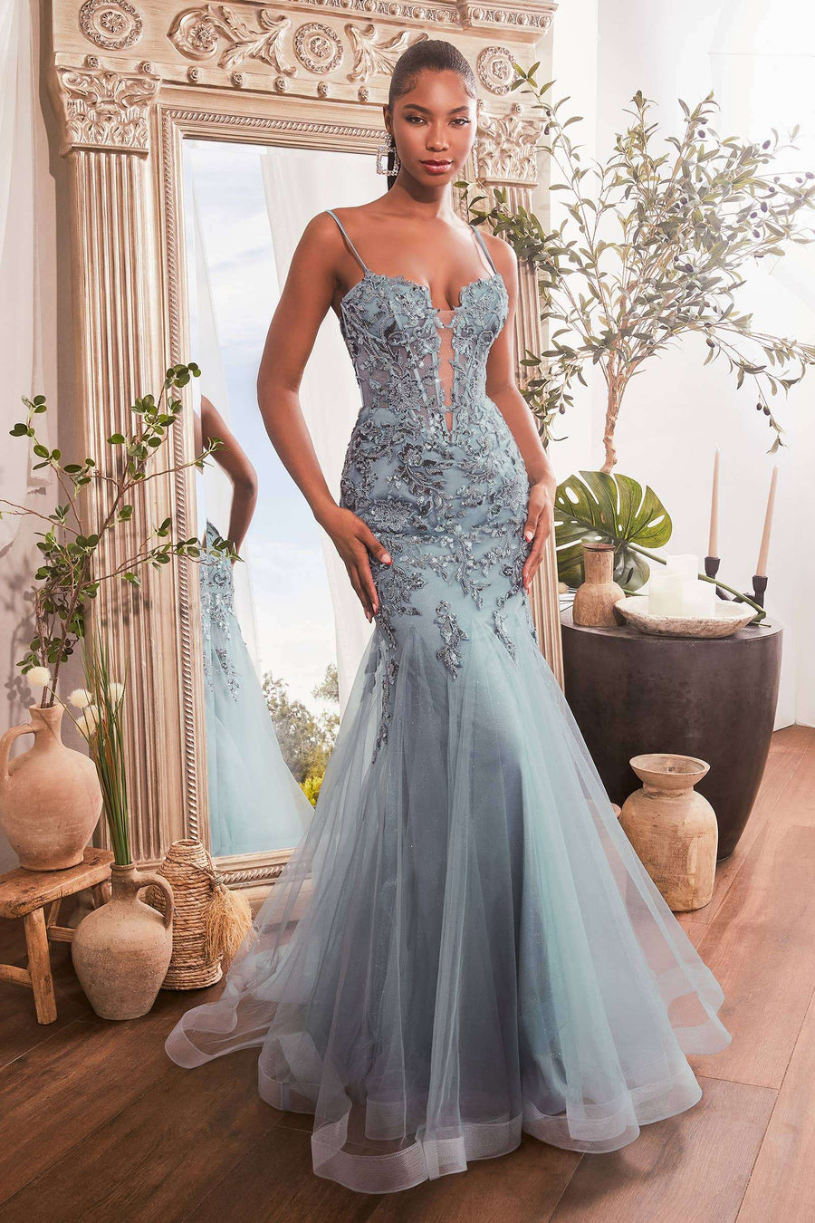 Sequin Floral Mermaid Gown in dusty blue with sheer boned bodice and layered tulle skirt, ideal for prom or red carpet events.