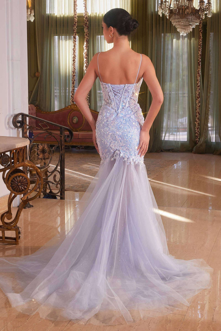 Back view of La Divine Floral Sequined Light Blue Mermaid Gown featuring lace-up corset and flowing glitter tulle train for prom elegance.