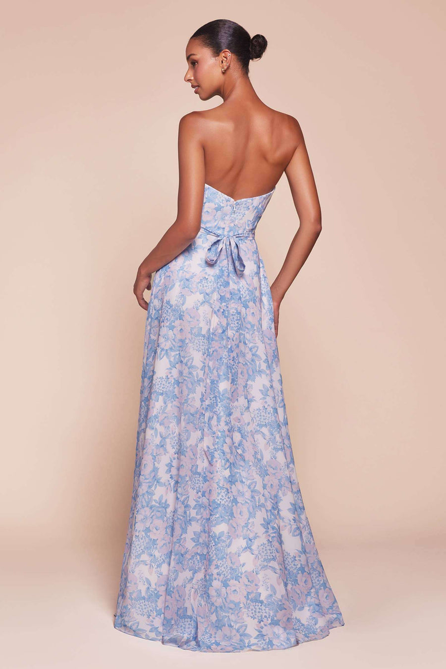 Back view of Floral Chiffon Strapless Dress in blue with sweetheart neckline and bow detail, perfect for weddings or formal occasions.