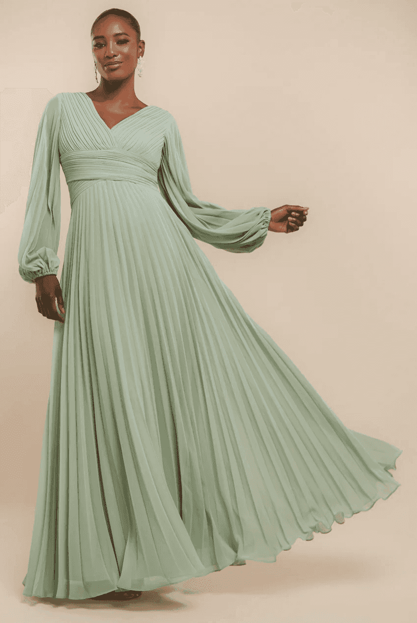 Goddiva Chiffon Maxi Dress in Sage - Bridesmaids & Evening Events featuring balloon sleeves, pleated skirt, and V-neckline in blush pink chiffon.