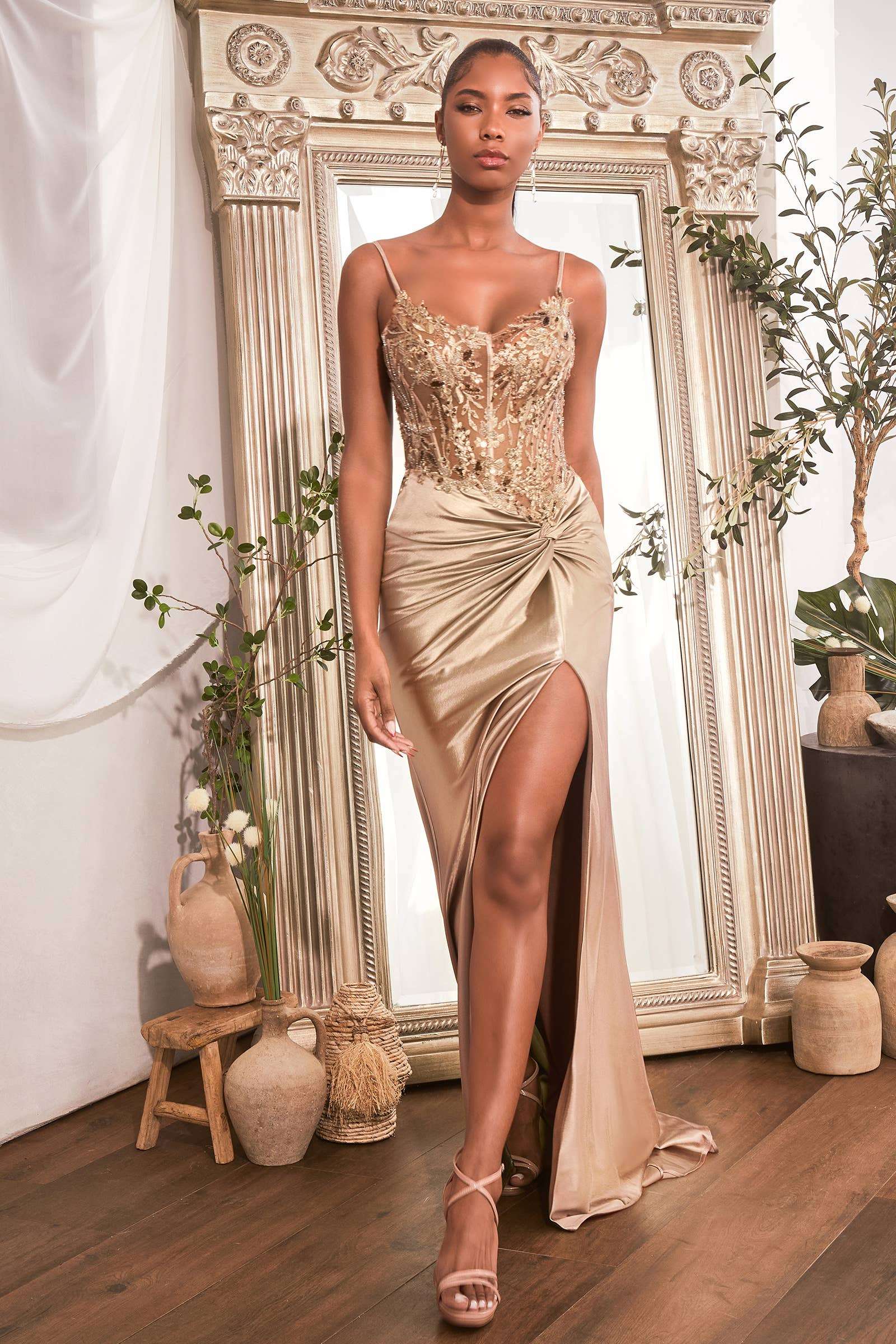 FITTED SATIN GOWN WITH EMBELLISHED BODICE: Champagne Gold CD0176 FITTED SATIN GOWN WITH EMBELLISHED BODICE: Champagne Gold CD0176