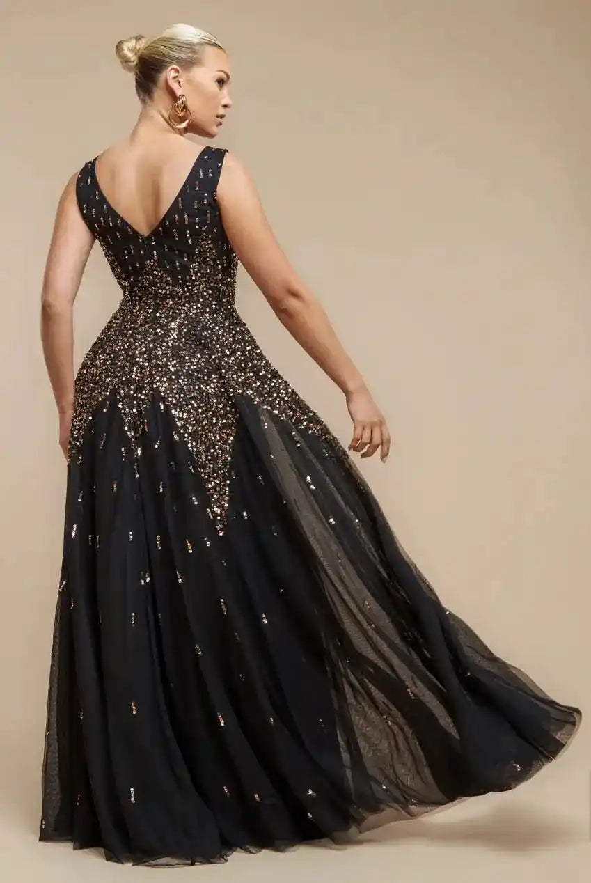 Goddiva Sequin Ombre Maxi Dress in blush pink with A-line silhouette and sleeveless design, featuring hand-embellished sequins for evening wear. Elegant formal gown ideal for weddings, proms, or special occasions.