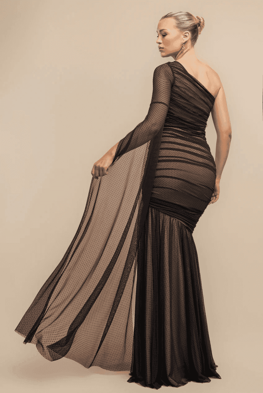 Goddiva Maxi Dress - One Shoulder Mermaid in black with angel wing sleeve and dobby mesh detail, perfect for formal events and red carpet looks.