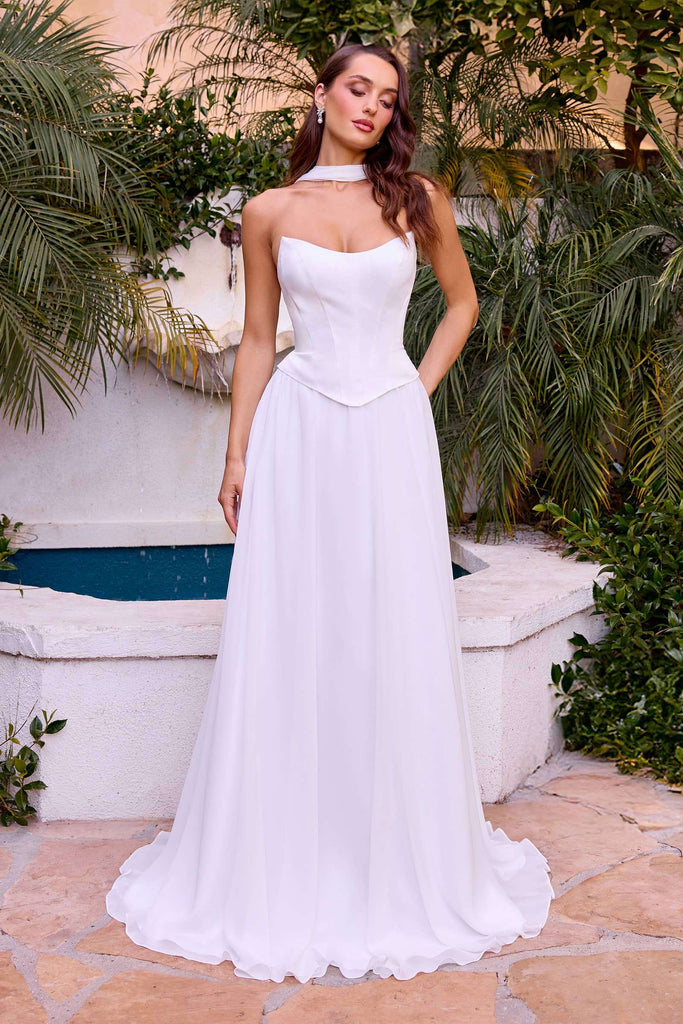 Elegant Strapless Corset Gown by Ladivine featuring a curved neckline and structured bodice, ideal for formal events or bridal occasions. Flowing white chiffon skirt adds timeless sophistication to this long evening dress.